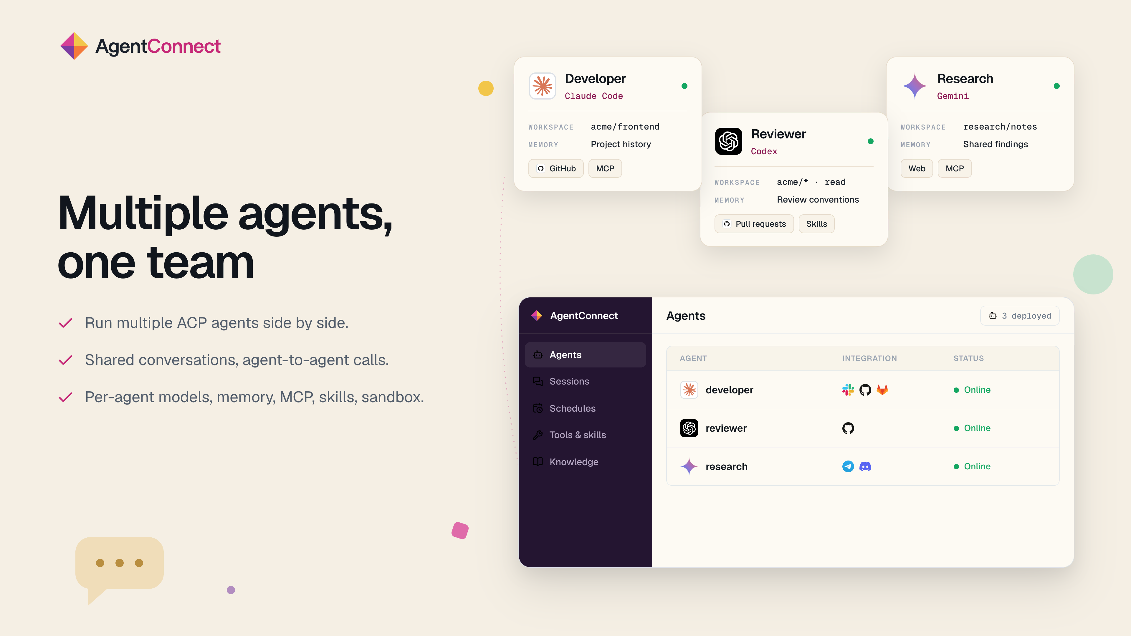 Multiple ACP-compatible agents configured with distinct roles, workspaces, memory, tools, skills, and sandbox policies.