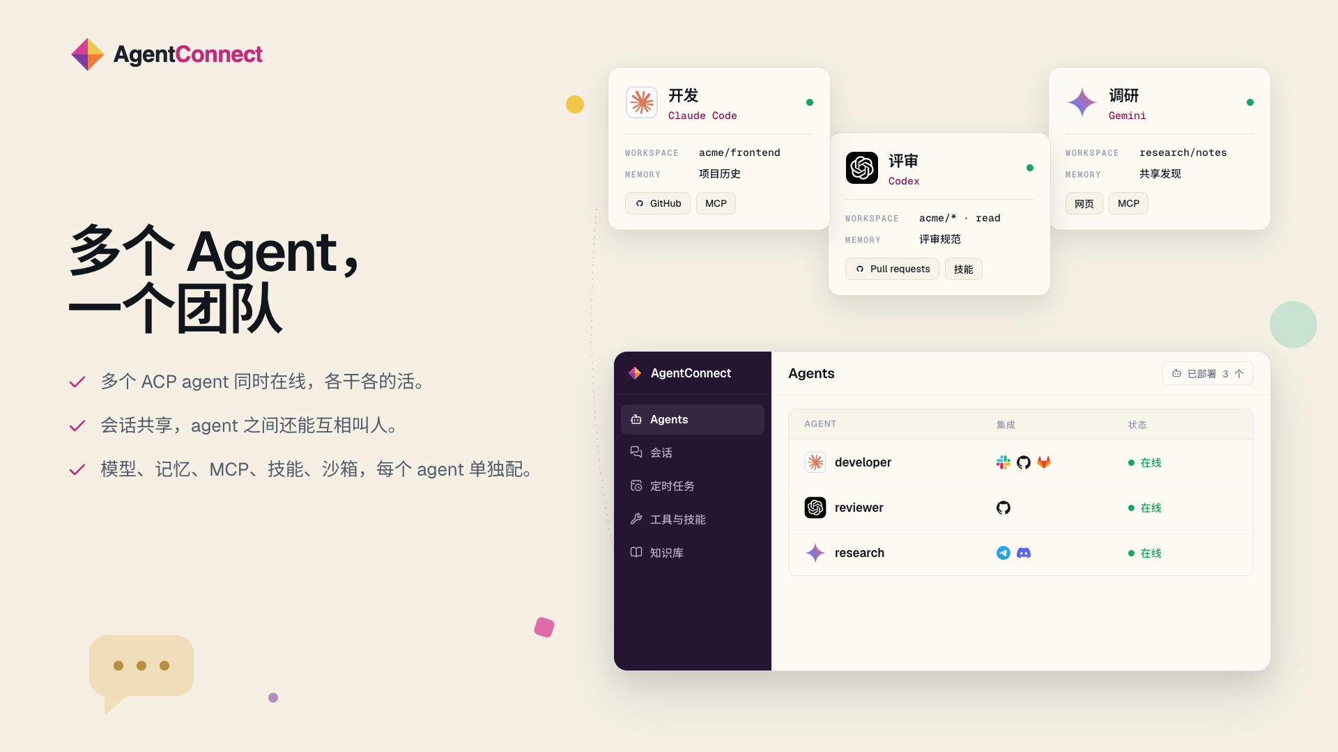 多个 Agent 同时在线，各有分工，模型、记忆、MCP、Skills 和沙箱都能单独配置。