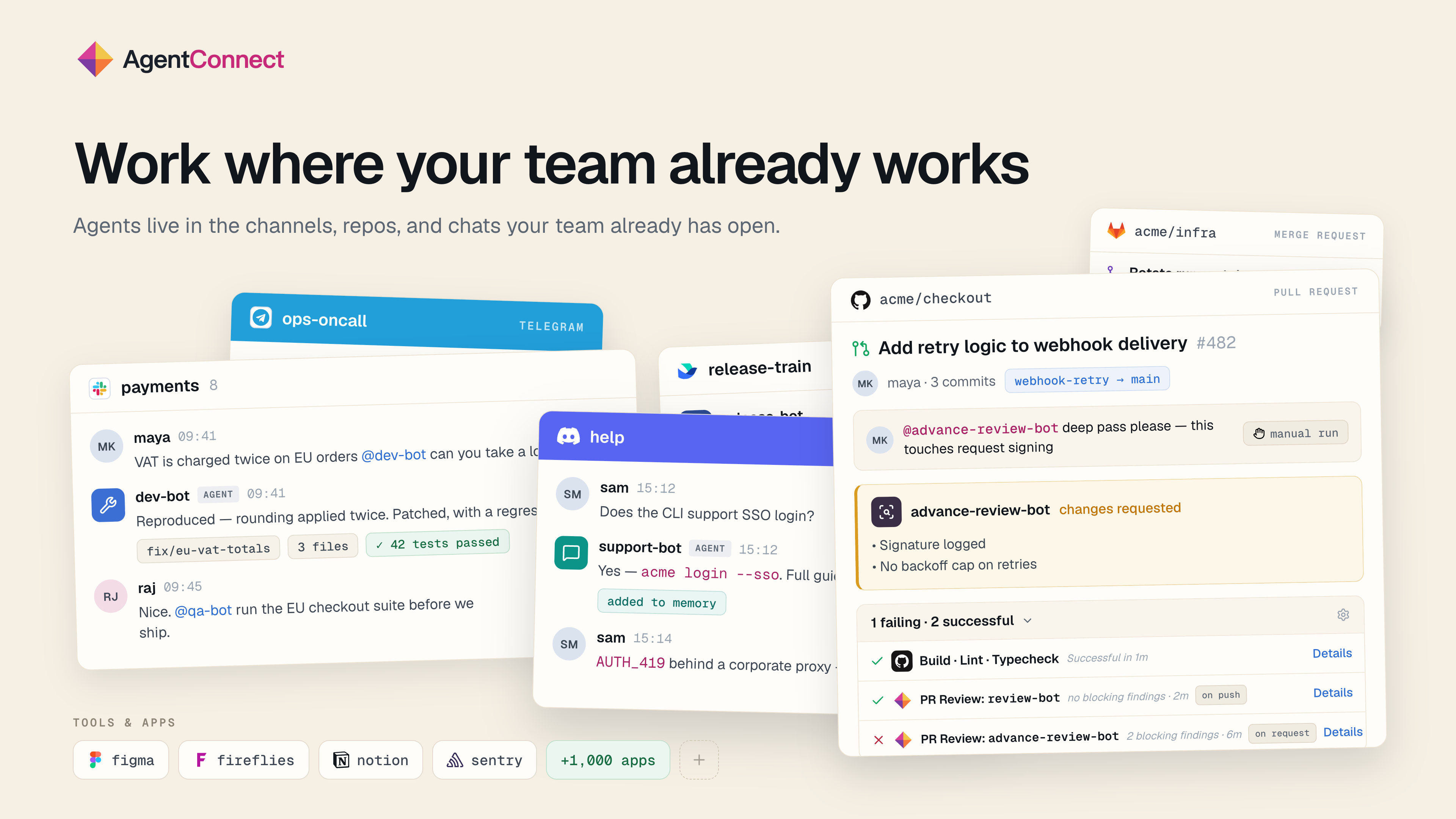AgentConnect connects agents with team conversations in Slack, Telegram, Discord, GitHub, and GitLab workflows.