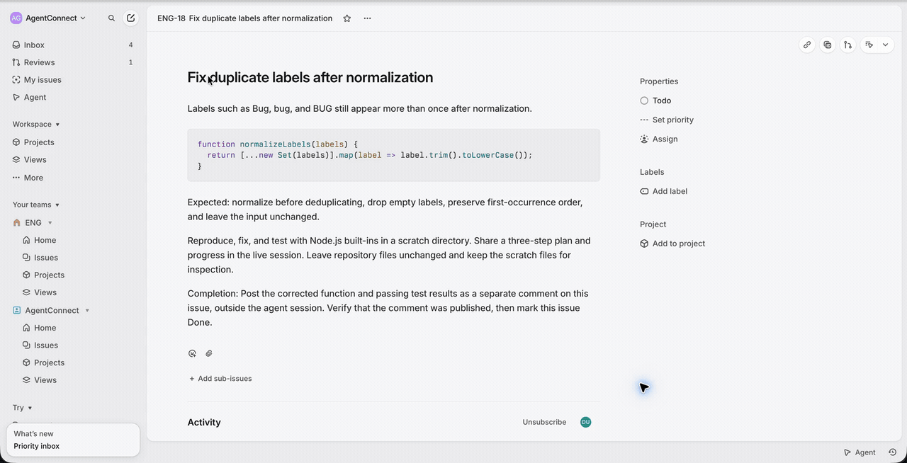 Assign an issue to AgentConnect and follow its progress in Linear.